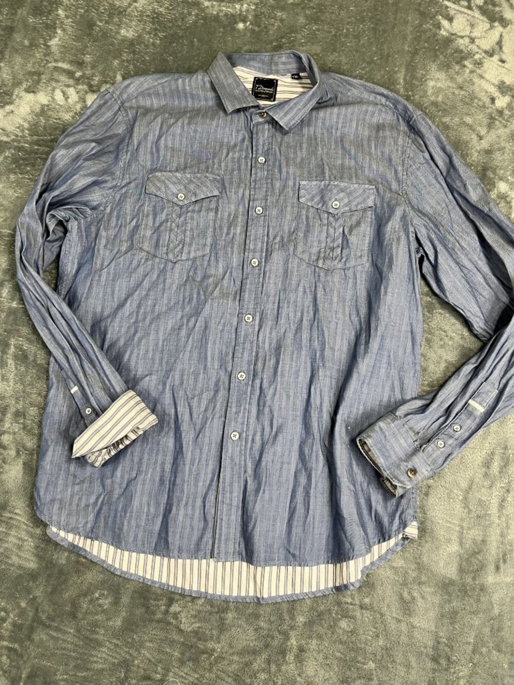 7 Diamonds Mens Blue Chambray Long Sleeve Button-Up Shirt Striped Cuffs XXL